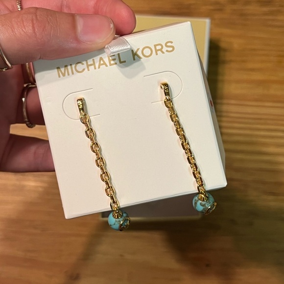 NEW Michael Kors Turquoise earrings. Gold tone. Hanging. MK on turquoise. Box in - Picture 4 of 10